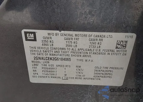 2016 Chevrolet Equinox Lt from USA, damaged, VIN 2GNALCEK2G6184065